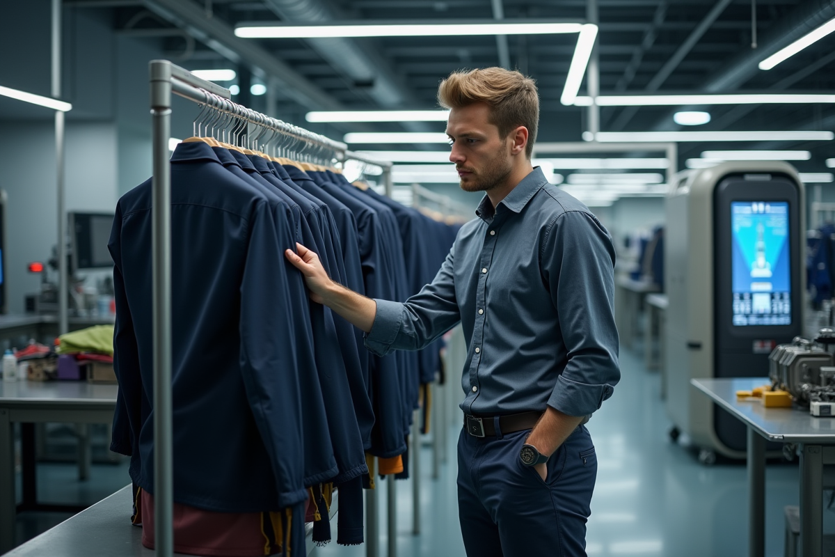 Technologue textile examinant une veste de sport innovante en laboratoire