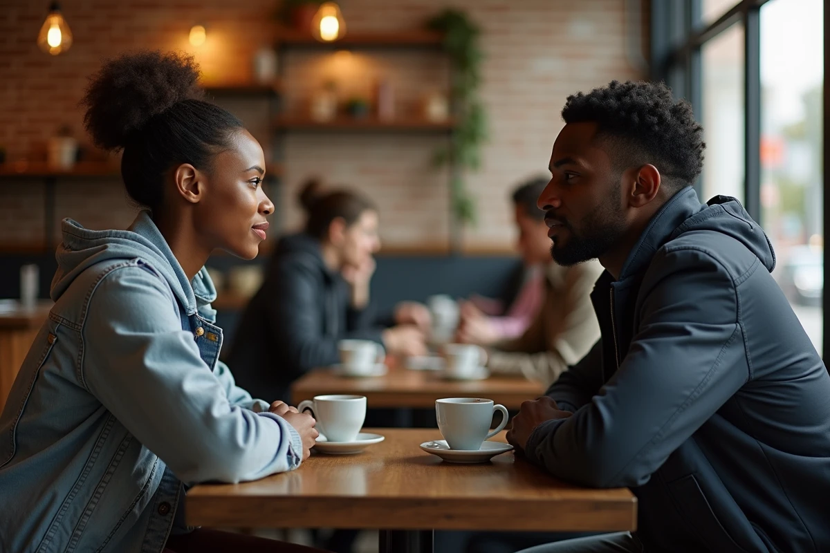 Un homme noir et une femme sud-asiatique discutent sérieusement dans un café, illustrant le témoignage et l'écoute face aux blagues racistes vécues