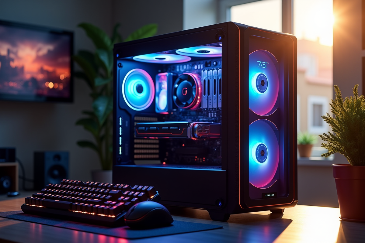 Tour d ordinateur gamer avec composants lumineux et clavier haut de gamme