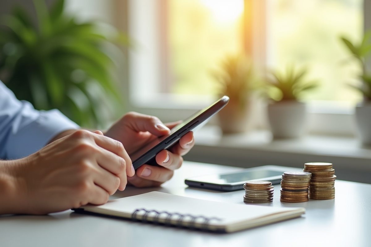 Main effectuant un transfert en ligne sur smartphone avec pièces et carnet