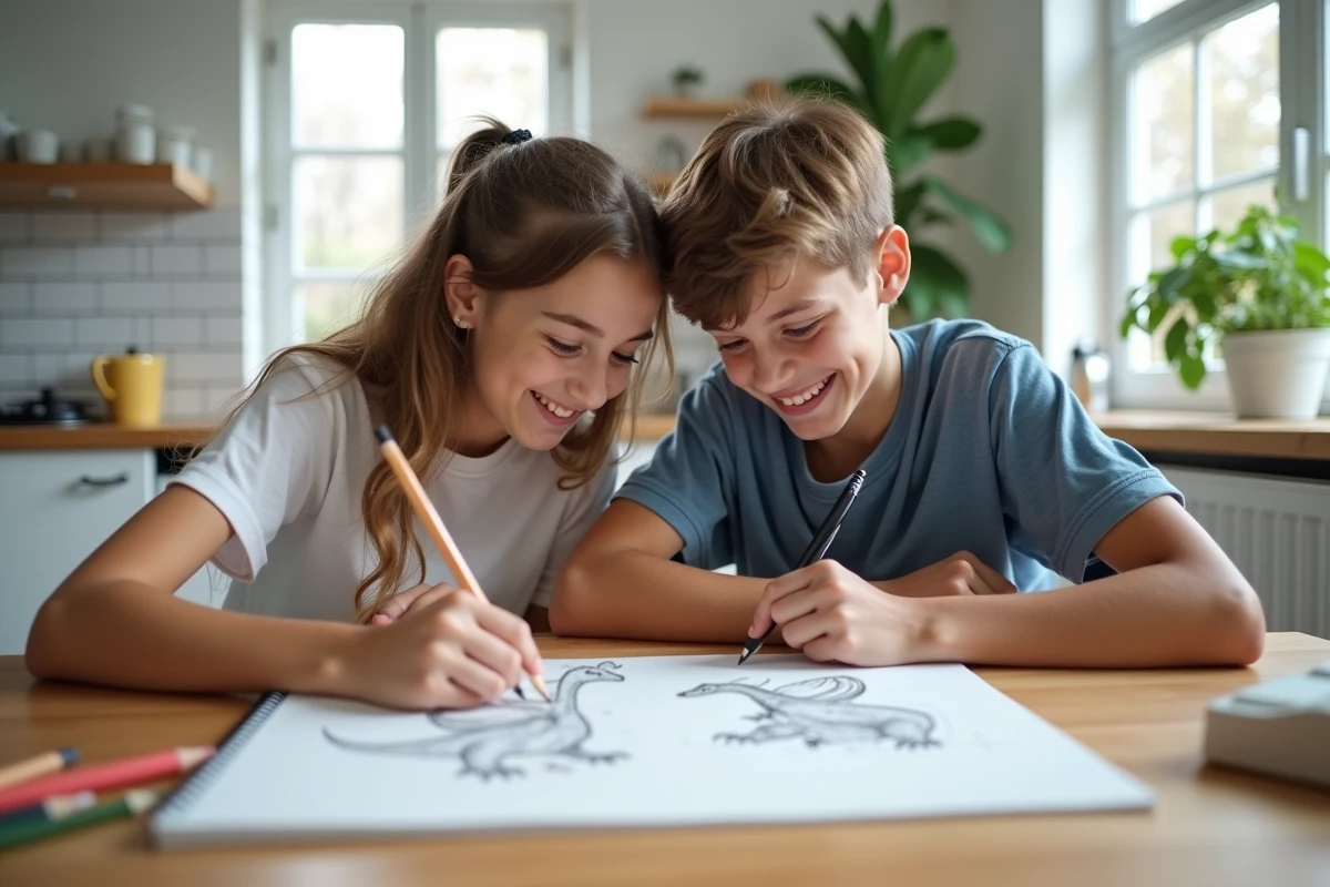 Deux jeunes artistes comparant leurs dessins de Dracaufeu au crayon étape par étape