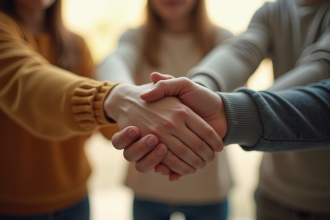 Trois personnes unies main dans la main pour la confiance