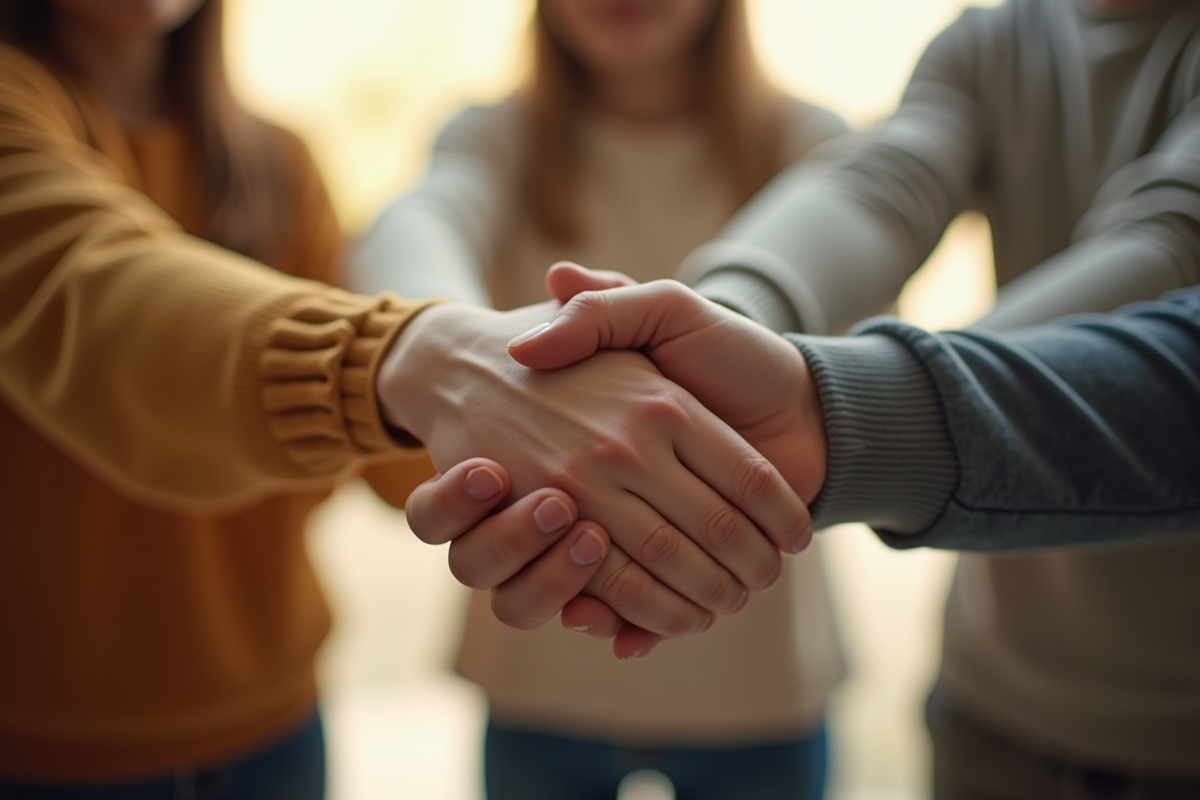 Trois personnes unies main dans la main pour la confiance