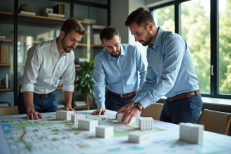 Groupe d'urbanistes en discussion autour de plans urbains