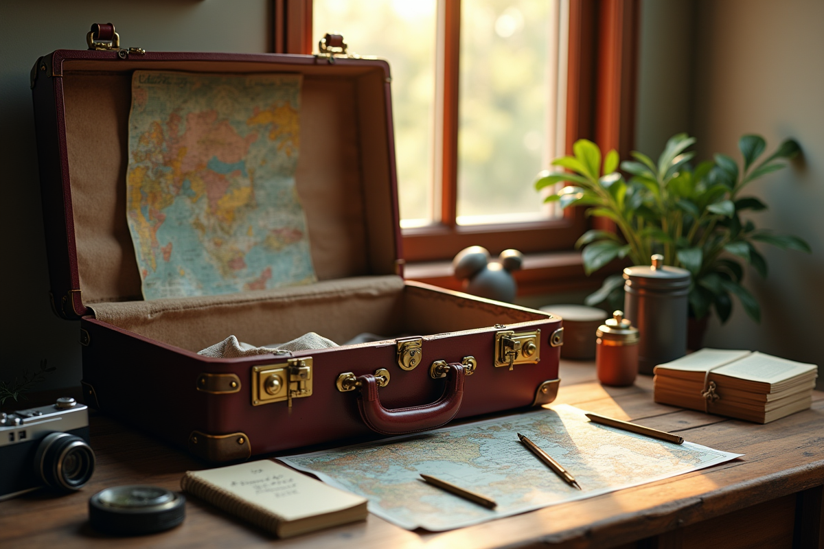 Valise vintage ouverte avec cartes et souvenirs de voyage