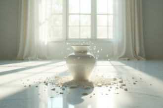Vase en porcelaine brisé sur un sol en marbre blanc