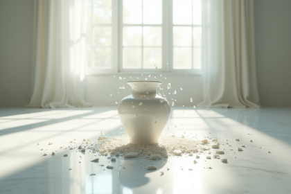 Vase en porcelaine brisé sur un sol en marbre blanc