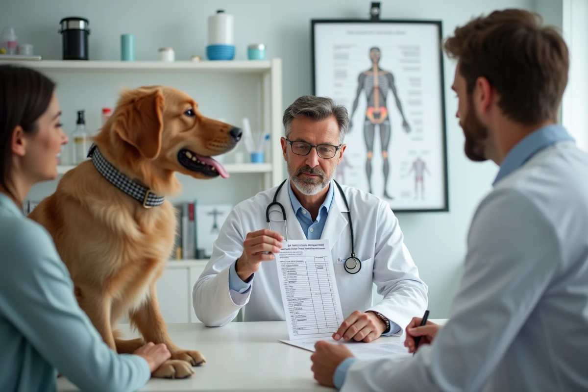 Vétérinaire expliquant les erreurs alimentaires à éviter pour un chien stérilisé lors d'une consultation