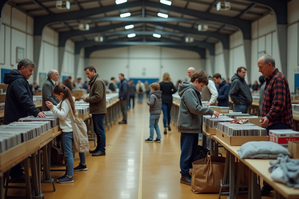 Intérieur d'une salle communautaire en Bretagne accueillant un vide-grenier avec familles et retraités fouillant des stands de vêtements et de disques vinyles