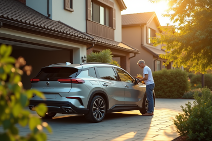Voiture hybride moderne dans une allée familiale le matin
