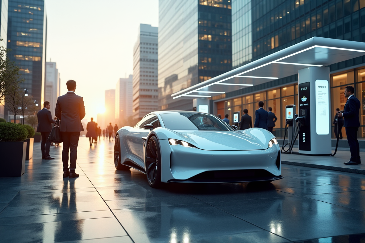 Voiture à hydrogène se recharge dans une ville dynamique