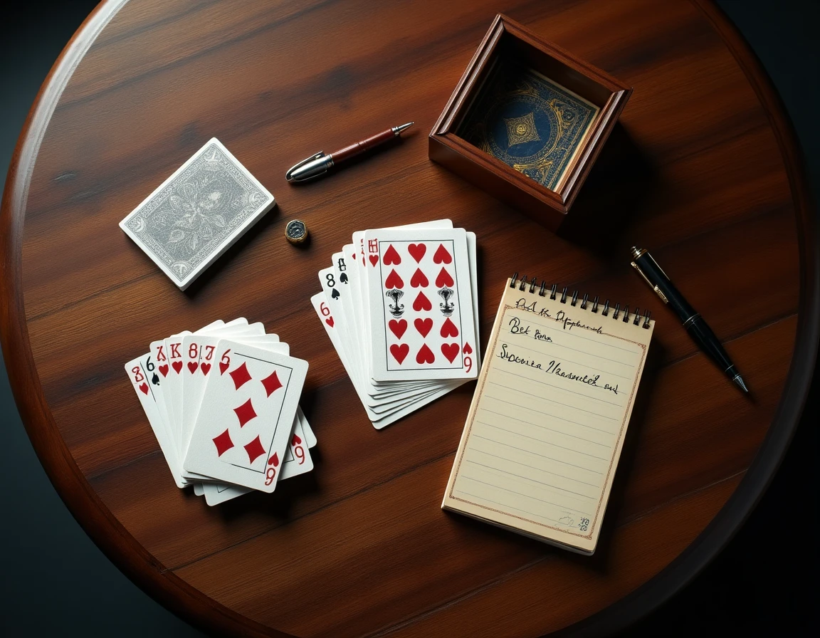 Vue aérienne d'une partie de bridge en cours avec cartes, boîte d'enchères et bloc de score sur une table en noyer dans un club de jeu
